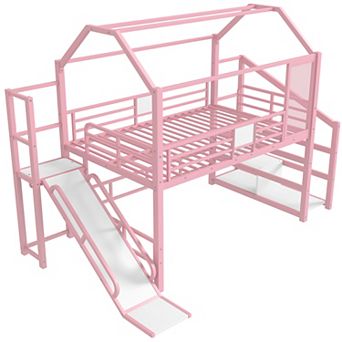 Aoolive Full House Loft bed with Slide, Metal Playhouse Bed with Storage Shelves, House-shaped Roof