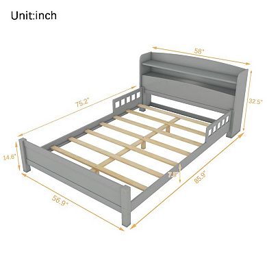 Full Size Wood Bed with Bookcase Headboard, LED Motion Sensor Light & Bed Guardrails for Bedroom