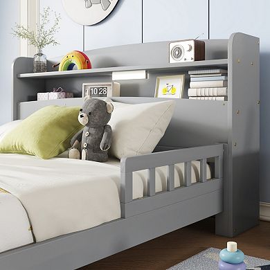 Full Size Wood Bed with Bookcase Headboard, LED Motion Sensor Light & Bed Guardrails for Bedroom