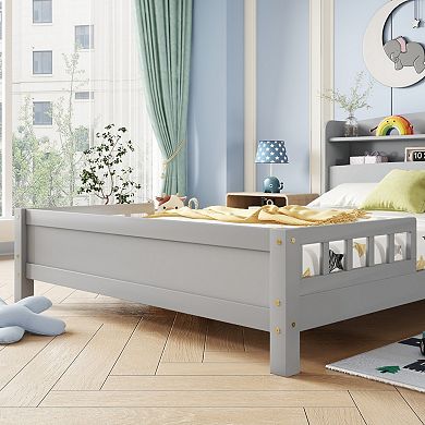 Full Size Wood Bed with Bookcase Headboard, LED Motion Sensor Light & Bed Guardrails for Bedroom
