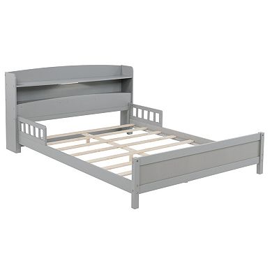 Full Size Wood Bed with Bookcase Headboard, LED Motion Sensor Light & Bed Guardrails for Bedroom