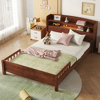 Full Size Wood Bed with Bookcase Headboard, LED Motion Sensor Light & Bed Guardrails for Bedroom
