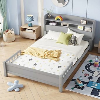 Full Size Wood Bed with Bookcase Headboard, LED Motion Sensor Light & Bed Guardrails for Bedroom