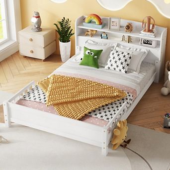 Full Size Wood Bed with Bookcase Headboard, LED Motion Sensor Light & Bed Guardrails for Bedroom