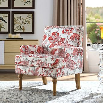 Farmhouse Floral Accent Chair with Nailhead Trim & Solid Wood Legs, for Living Room Bedroom