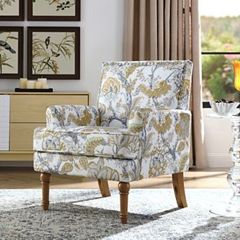 Farmhouse Floral Accent Chair with Nailhead Trim & Solid Wood Legs, for Living Room Bedroom