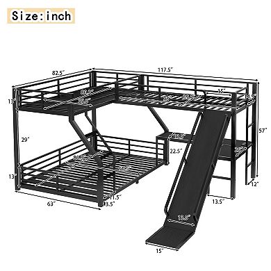 Aoolive L-Shaped Twin XL over Queen Bunk Bed with Twin Size Loft Bed,Triple Bunk Bed with Slide