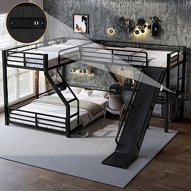 Aoolive L-Shaped Twin XL over Queen Bunk Bed with Twin Size Loft Bed,Triple Bunk Bed with Slide