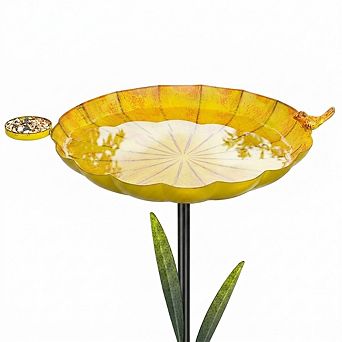 41.5 Inch Metal Bird Bath with Feeder Stake Base Outdoor Garden Decor Retro Yellow 1 pc