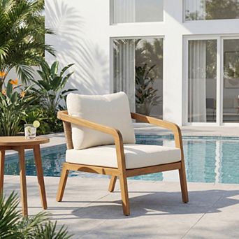 Wood Outdoor Patio Accent Chair with PE Wicker, 400Lbs Capacity, Cream Cushions for Patio, Poolside