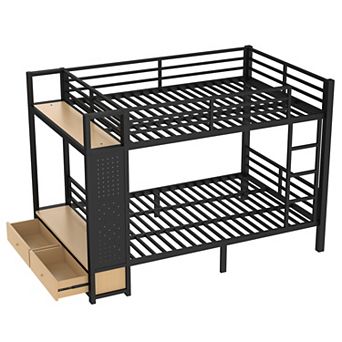 Aoolive Full over Full size Metal Bunk Bed for Teens with Storage Shelves,Drawers and Pegboard