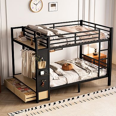 Aoolive Full over Full size Metal Bunk Bed for Teens with Storage Shelves,Drawers and Pegboard
