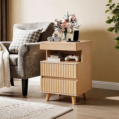 The modern bedside table has 2 drawers, and the side cabinet has a charging station.