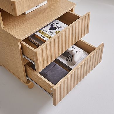The modern bedside table has 2 drawers, and the side cabinet has a charging station.