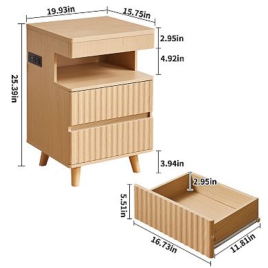 The modern bedside table has 2 drawers, and the side cabinet has a charging station.