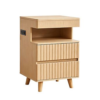 The modern bedside table has 2 drawers, and the side cabinet has a charging station.