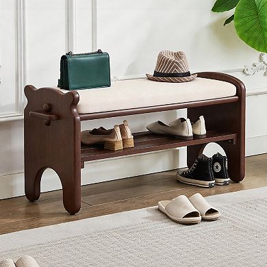 Solid wood shoe stool, double-layer wooden chair, with faux leather seat cushion