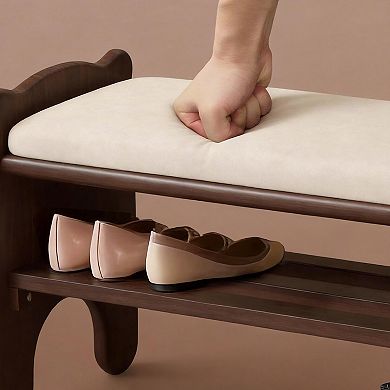Solid wood shoe stool, double-layer wooden chair, with faux leather seat cushion