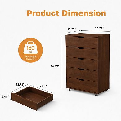 A five-drawer upright cabinet with wheels, a modern style storage cabinet