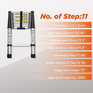 Tool, telescopic ladder 10.5FT, aluminum alloy folding ladder, load-bearing capacity 300 pounds