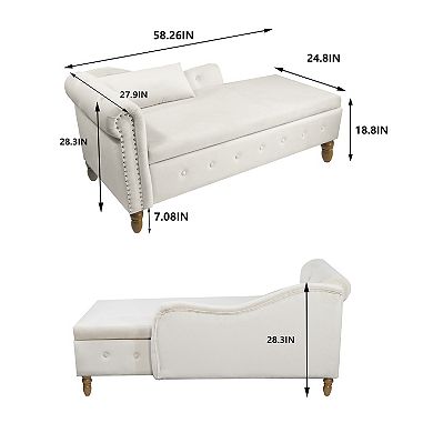 Lufeiya Velvet Chaise Lounge Chair with Storage, Rolled Arm Upholstered Sleeper Sofa with Pillow