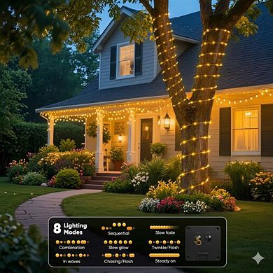 Solar Rope Lights, 39FT 100LED outdoor waterproof fairy lights, 8 modes, Warm White