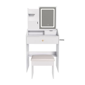 Lufeiya Vanity Desk with LED Mirror and Stool 3 Color Lighting, 5 Storage Cabinets Charging Station