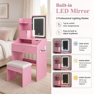 Lufeiya Vanity Desk with LED Mirror and Stool 3 Color Lighting, 5 Storage Cabinets Charging Station