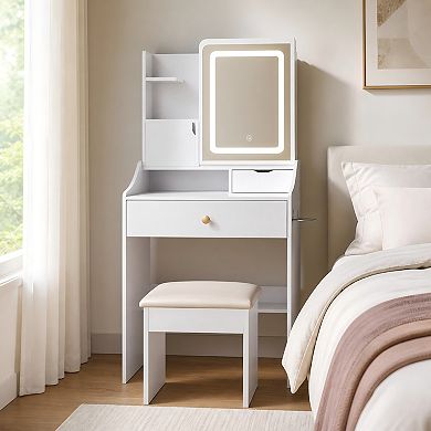 Lufeiya Vanity Desk with LED Mirror and Stool 3 Color Lighting, 5 Storage Cabinets Charging Station