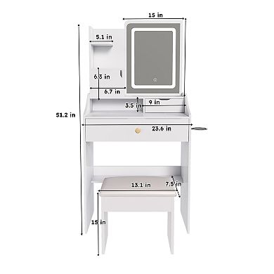 Lufeiya Vanity Desk with LED Mirror and Stool 3 Color Lighting, 5 Storage Cabinets Charging Station