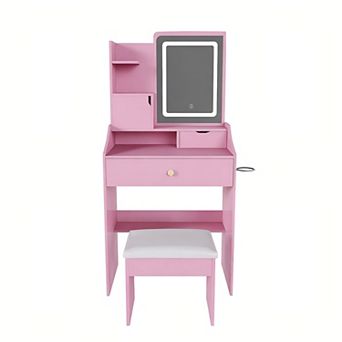 Lufeiya Vanity Desk with LED Mirror and Stool 3 Color Lighting, 5 Storage Cabinets Charging Station