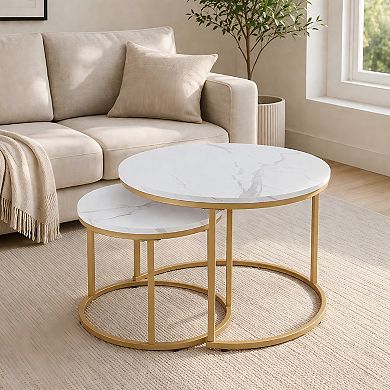 Lufeiya Nesting Set of 2 Round Coffee Table, 23.6" MDF Top with Metal Frame, Space Saving