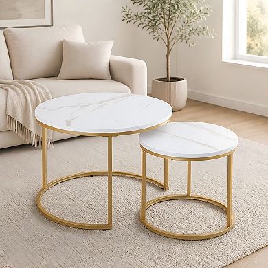 Lufeiya Nesting Set of 2 Round Coffee Table, 23.6" MDF Top with Metal Frame, Space Saving