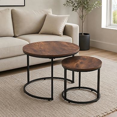 Lufeiya Nesting Set of 2 Round Coffee Table, 23.6" MDF Top with Metal Frame, Space Saving