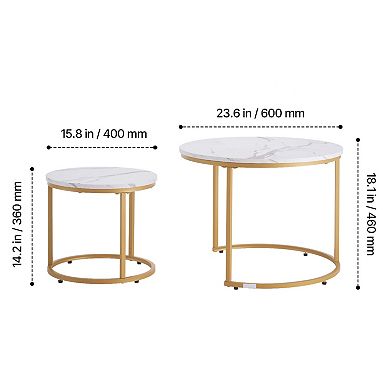 Lufeiya Nesting Set of 2 Round Coffee Table, 23.6" MDF Top with Metal Frame, Space Saving