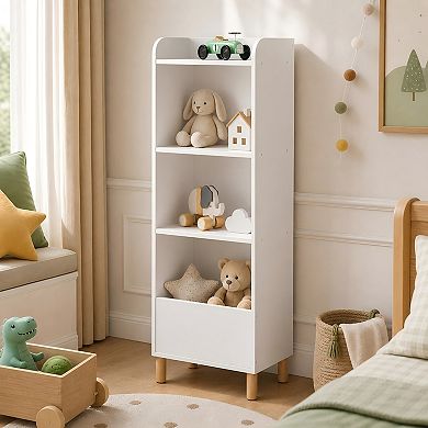 Lufeiya 4-Tier Kids Bookcase, Children’s Bookshelf and Toy Storage Organizer with Pine Legs