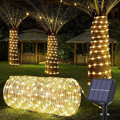 Solar Rope Lights 66ft 200LED, 8 Modes Waterproof Outdoor Solar String Lights Warm White