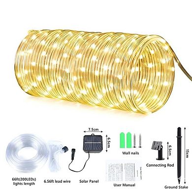Solar Rope Lights 66ft 200LED, 8 Modes Waterproof Outdoor Solar String Lights Warm White