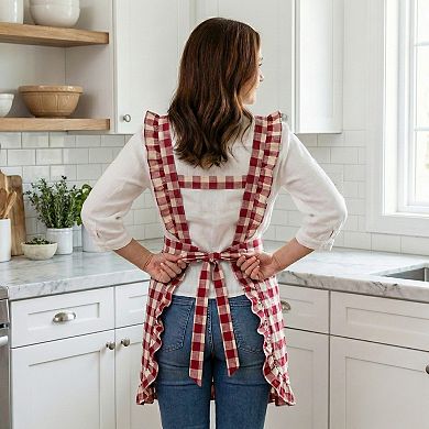 Gingham Kitchen Apron with Ruffle Trim Adjustable Waist Ties Lace Bib Detail and Front Pocket