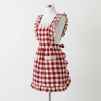 Gingham Kitchen Apron with Ruffle Trim Adjustable Waist Ties Lace Bib Detail and Front Pocket