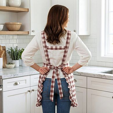 Gingham Kitchen Apron with Ruffle Trim Adjustable Waist Ties Lace Bib Detail and Front Pocket