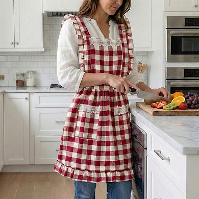 Gingham Kitchen Apron with Ruffle Trim Adjustable Waist Ties Lace Bib Detail and Front Pocket