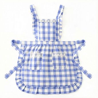 Gingham Kitchen Apron with Ruffle Trim Adjustable Waist Ties Lace Bib Detail and Front Pocket