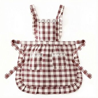 Gingham Kitchen Apron with Ruffle Trim Adjustable Waist Ties Lace Bib Detail and Front Pocket