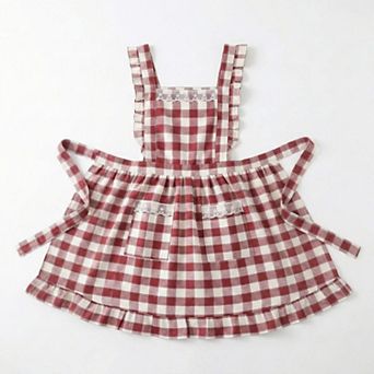 Gingham Kitchen Apron with Ruffle Trim Adjustable Waist Ties Lace Bib Detail and Front Pocket