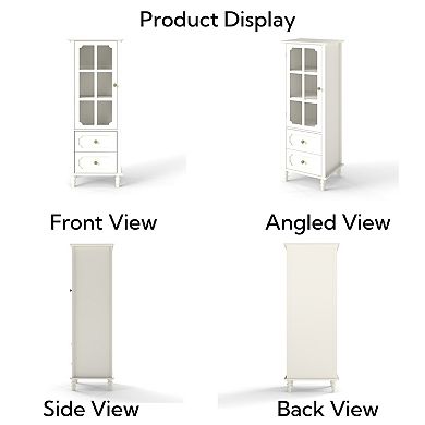 Heybly Minimalist Kitchen Pantry Cabinet with Glass Doors and Double Drawer
