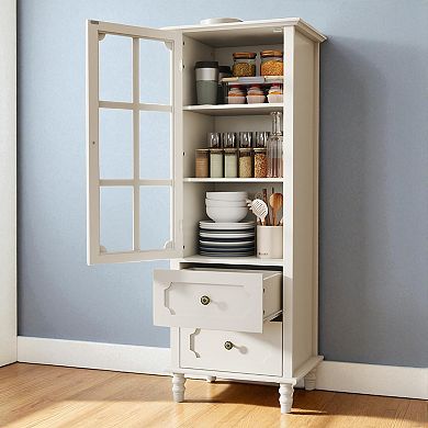 Heybly Minimalist Kitchen Pantry Cabinet with Glass Doors and Double Drawer