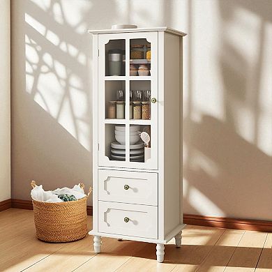 Heybly Minimalist Kitchen Pantry Cabinet with Glass Doors and Double Drawer