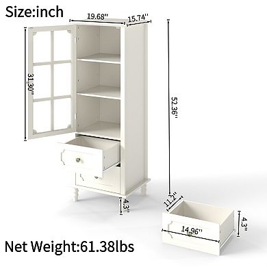 Heybly Minimalist Kitchen Pantry Cabinet with Glass Doors and Double Drawer