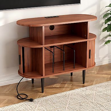Lufeiya Record Player Stand with Charging Station and USB Ports, Vinyl Record Storage Cabinet